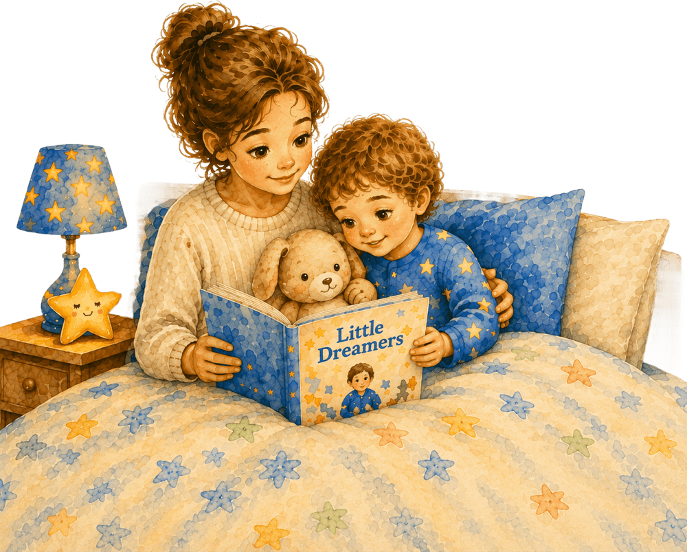אמא וילד קוראים יחד את הספר Little Dreamers